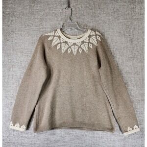 Garnet Hill 100% Cashmere Fair Isle Sweater Womens XL Tan Ivory Crew Neck Nice!